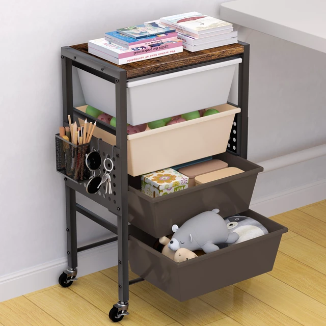 Main image of Rolling Cart with Drawers, Rolling Storage Cart with Large Plastic Drawers & Wooden Tabletop, Utility Cart with Pegboards & Basket, Storage Drawers Cart for Living Room, Classroom, Bedroom, Office
