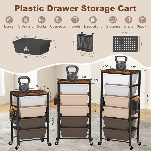 Alt view image 2 of 7 - Rolling Cart with Drawers, Rolling Storage Cart with Large Plastic Drawers & Wooden Tabletop, Utility Cart with Pegboards & Basket, Storage Drawers Cart for Living Room, Classroom, Bedroom, Office