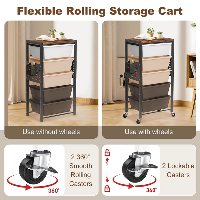 Alt view image 3 of 7 - Rolling Cart with Drawers, Rolling Storage Cart with Large Plastic Drawers & Wooden Tabletop, Utility Cart with Pegboards & Basket, Storage Drawers Cart for Living Room, Classroom, Bedroom, Office