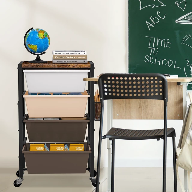 Alt view image 6 of 7 - Rolling Cart with Drawers, Rolling Storage Cart with Large Plastic Drawers & Wooden Tabletop, Utility Cart with Pegboards & Basket, Storage Drawers Cart for Living Room, Classroom, Bedroom, Office