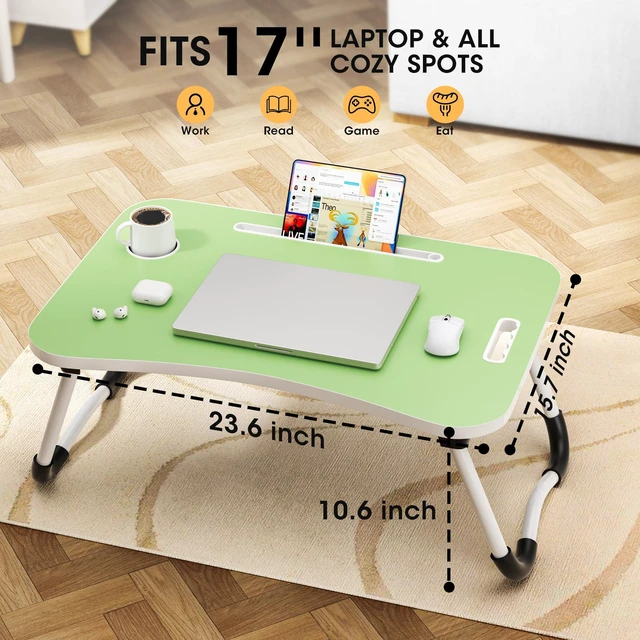 Alt view image 2 of 7 - Folding Lap Desk, 23.6 Inch Wood Laptop Bed Desk with Cup Holder, Portable Bed Table for Working Writing Reading & Eating for Bed, Sofa, Couch, Floor - Green