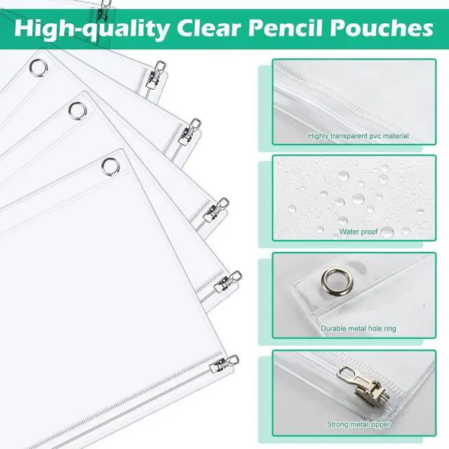 Alt view image 2 of 6 - 48 Pack Clear Pencil Pouch for 3 Ring Binder 10x7'', Clear Large Capacity Pencil Case with 3 Reinforced Grommet, Smooth Zipper Pencil Bag Visible Pen Oragnizer Binder Insert for Office