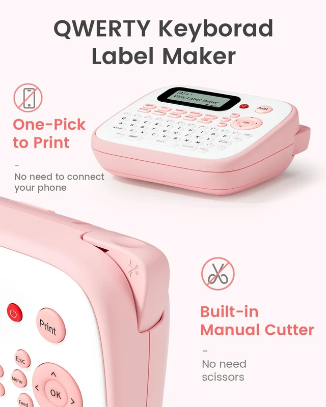 Alt view image 3 of 7 - Pink Label Maker, D210S Label Maker Machine with Tapes Waterproof Handheld Labeler Machine with Keyboard, Multiple Fonts Icons Frames for Home Kids School Items Classroom Office Organization