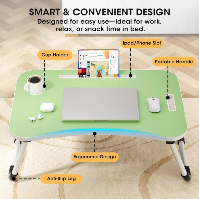 Alt view image 3 of 7 - Folding Lap Desk, 23.6 Inch Wood Laptop Bed Desk with Cup Holder, Portable Bed Table for Working Writing Reading & Eating for Bed, Sofa, Couch, Floor - Green