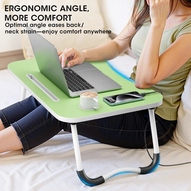Alt view image 4 of 7 - Folding Lap Desk, 23.6 Inch Wood Laptop Bed Desk with Cup Holder, Portable Bed Table for Working Writing Reading & Eating for Bed, Sofa, Couch, Floor - Green
