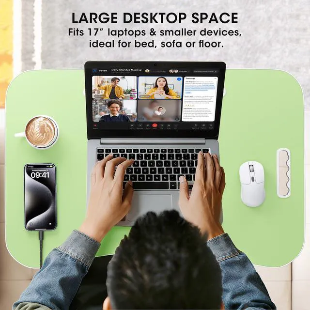 Alt view image 5 of 7 - Folding Lap Desk, 23.6 Inch Wood Laptop Bed Desk with Cup Holder, Portable Bed Table for Working Writing Reading & Eating for Bed, Sofa, Couch, Floor - Green