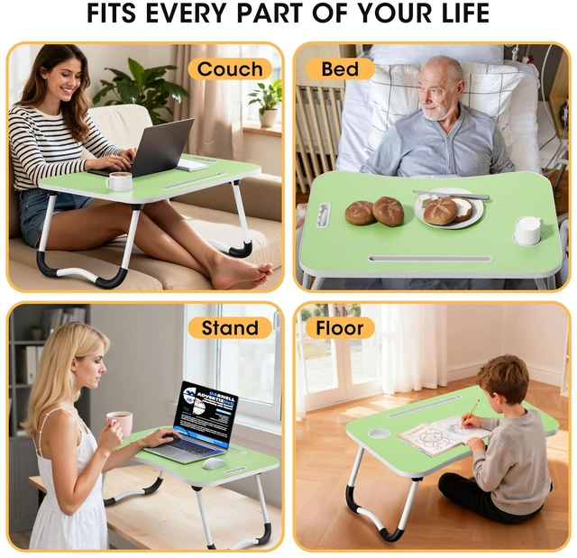 Alt view image 7 of 7 - Folding Lap Desk, 23.6 Inch Wood Laptop Bed Desk with Cup Holder, Portable Bed Table for Working Writing Reading & Eating for Bed, Sofa, Couch, Floor - Green