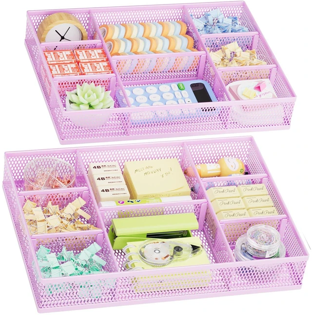 Main image of 2 Pack Desk Drawer Organizer, Mesh Drawer Organizer Tray with 8 Adjustable Compartments, Desk Organizers and Accessories, 5 Dividers Drawer for Office Supplies, Makeup & Vanity (Purple)