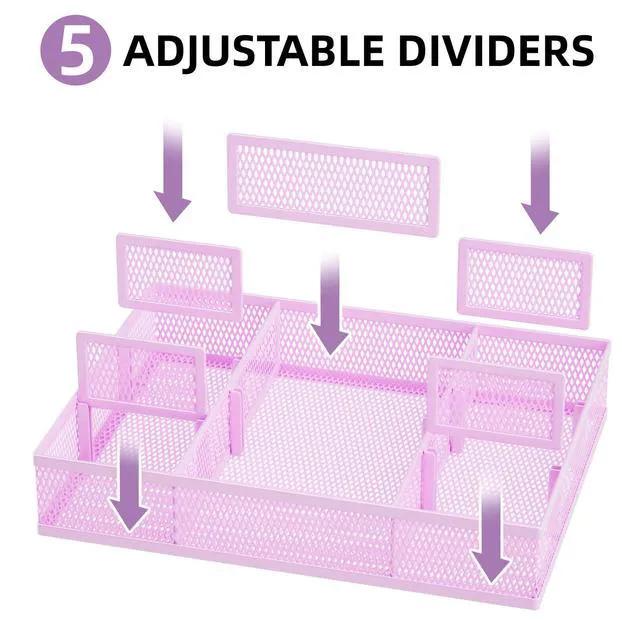 Alt view image 2 of 7 - 2 Pack Desk Drawer Organizer, Mesh Drawer Organizer Tray with 8 Adjustable Compartments, Desk Organizers and Accessories, 5 Dividers Drawer for Office Supplies, Makeup & Vanity (Purple)