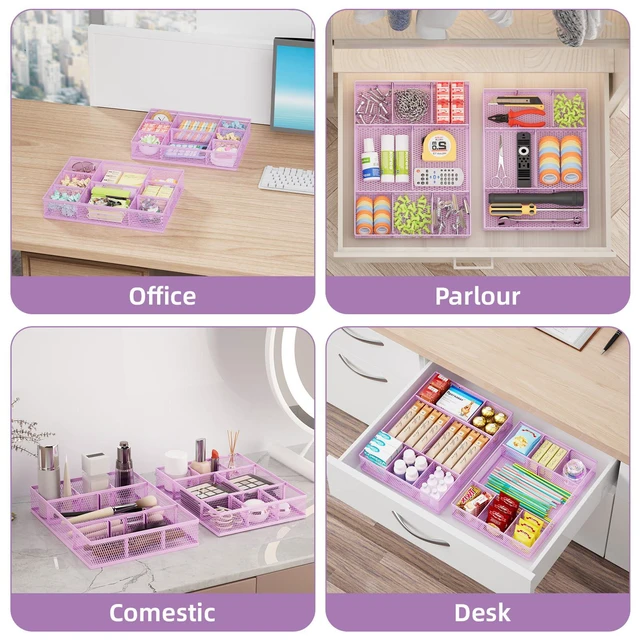 Alt view image 3 of 7 - 2 Pack Desk Drawer Organizer, Mesh Drawer Organizer Tray with 8 Adjustable Compartments, Desk Organizers and Accessories, 5 Dividers Drawer for Office Supplies, Makeup & Vanity (Purple)