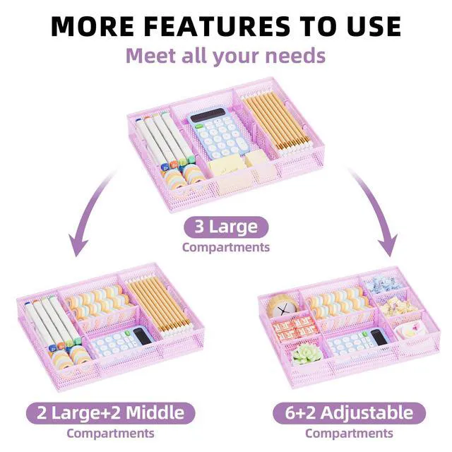 Alt view image 4 of 7 - 2 Pack Desk Drawer Organizer, Mesh Drawer Organizer Tray with 8 Adjustable Compartments, Desk Organizers and Accessories, 5 Dividers Drawer for Office Supplies, Makeup & Vanity (Purple)