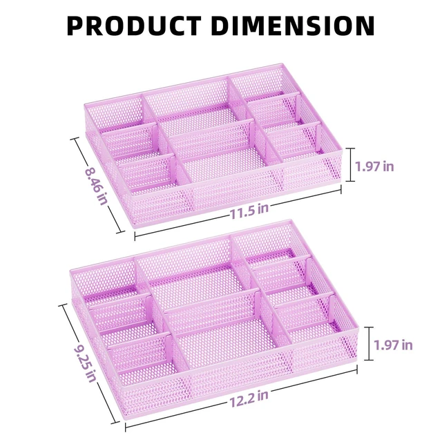 Alt view image 5 of 7 - 2 Pack Desk Drawer Organizer, Mesh Drawer Organizer Tray with 8 Adjustable Compartments, Desk Organizers and Accessories, 5 Dividers Drawer for Office Supplies, Makeup & Vanity (Purple)