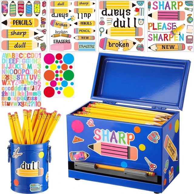 Main image of 8 Pcs Pencil Dispenser for Classroom Stainless Steel, Blue Sharp Dull Pencil Holder Classroom, Letter Stickers, Metal Desk Organizer, Back to School Teacher Supplies, Pencil Parking