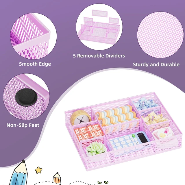 Alt view image 6 of 7 - 2 Pack Desk Drawer Organizer, Mesh Drawer Organizer Tray with 8 Adjustable Compartments, Desk Organizers and Accessories, 5 Dividers Drawer for Office Supplies, Makeup & Vanity (Purple)
