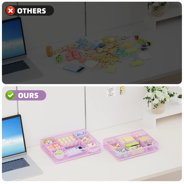 Alt view image 7 of 7 - 2 Pack Desk Drawer Organizer, Mesh Drawer Organizer Tray with 8 Adjustable Compartments, Desk Organizers and Accessories, 5 Dividers Drawer for Office Supplies, Makeup & Vanity (Purple)