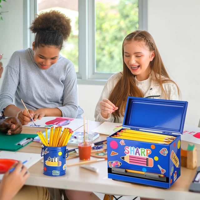 Alt view image 5 of 7 - 8 Pcs Pencil Dispenser for Classroom Stainless Steel, Blue Sharp Dull Pencil Holder Classroom, Letter Stickers, Metal Desk Organizer, Back to School Teacher Supplies, Pencil Parking