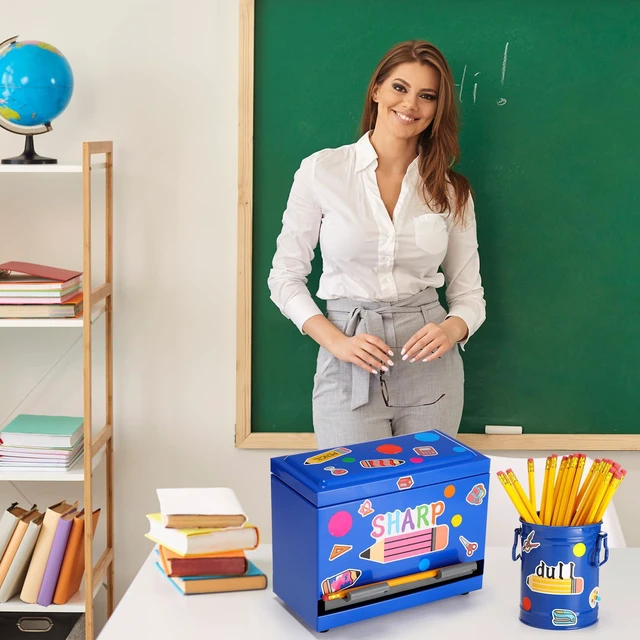 Alt view image 6 of 7 - 8 Pcs Pencil Dispenser for Classroom Stainless Steel, Blue Sharp Dull Pencil Holder Classroom, Letter Stickers, Metal Desk Organizer, Back to School Teacher Supplies, Pencil Parking