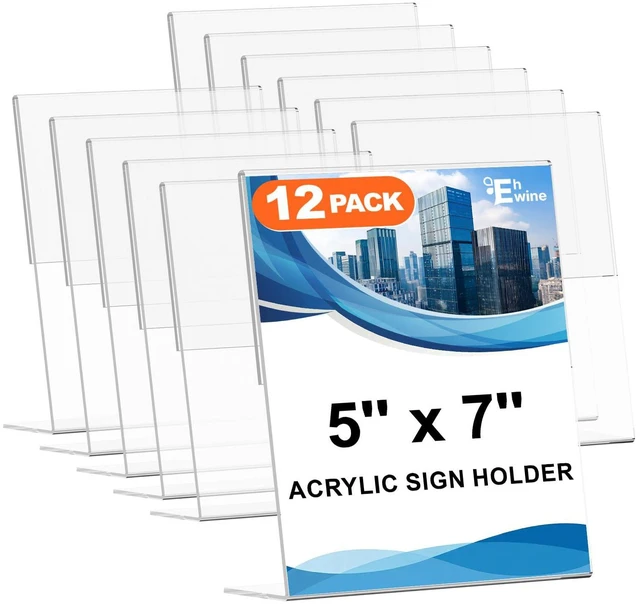 Main image of 12 Pack 5 x 7 Acrylic Sign Holder, Clear Plastic Signs Display Stand, Vertical Slanted Back Paper Holder Stand up Table Top Sign Holders Flyer Stand Frames Suitable for Office Business Store