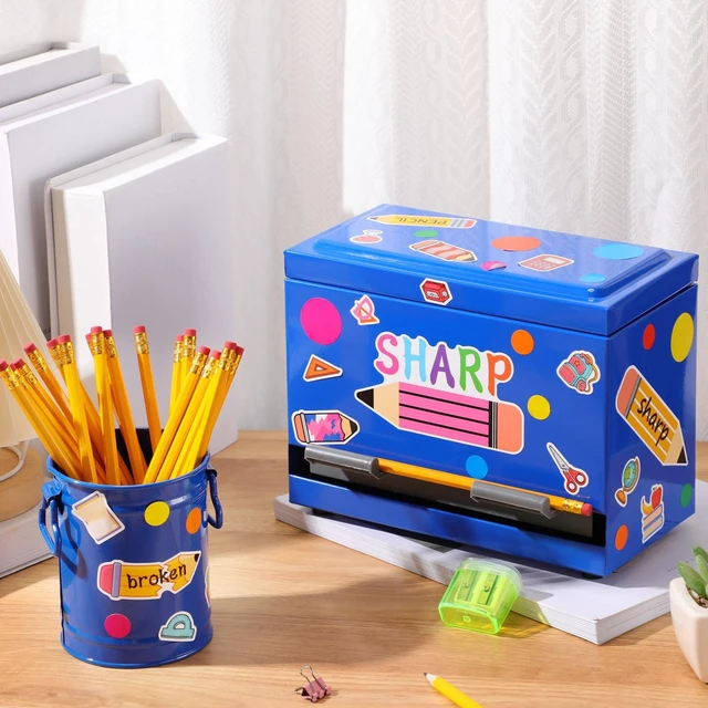 Alt view image 4 of 7 - 8 Pcs Pencil Dispenser for Classroom Stainless Steel, Blue Sharp Dull Pencil Holder Classroom, Letter Stickers, Metal Desk Organizer, Back to School Teacher Supplies, Pencil Parking