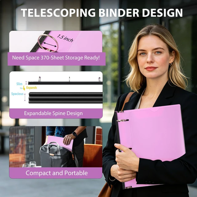 Alt view image 2 of 7 - 1.5 Inch Telescoping 3 Ring Binder 6 Pack Customizable Front Cover / Clear Catalog Pocket / Holds 370 Sheets / Pastel Colors / School Office Supplies