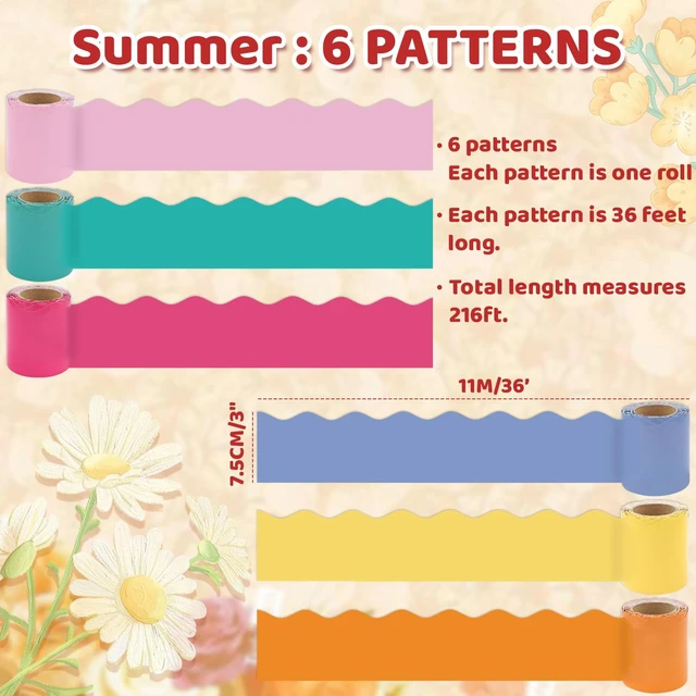Alt view image 3 of 7 - 216ft Colorful Bulletin Board Borders Decorations, Classroom Must Haves Summer Scalloped Border Trims for Teacher Back to School Supplies, Classroom Chalkboard Door Wall Decor, 6 Rolls
