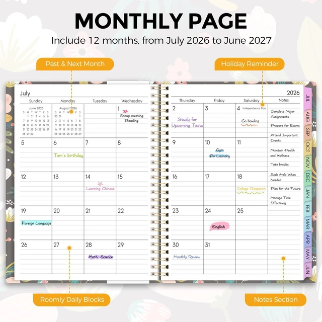 Alt view image 3 of 7 - 2026-2027 Monthly and Weekly Academic Planner, July 2026-June 2027, 8.5"x11", Agenda Calendar with Colorful Tabs and Storage Pocket, Ideal for School Office Supplies