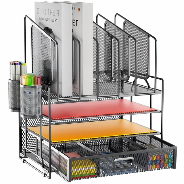 Main image of Desk Organizers, 4-Tier Mesh Desk File Organizer with 5 Vertical File Holders and 2 Pen Holders, Multifunction Desktop Organizer,Desk Organizers and Accessories for Home Office (Gray)