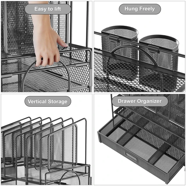 Alt view image 3 of 6 - Desk Organizers, 4-Tier Mesh Desk File Organizer with 5 Vertical File Holders and 2 Pen Holders, Multifunction Desktop Organizer,Desk Organizers and Accessories for Home Office (Gray)