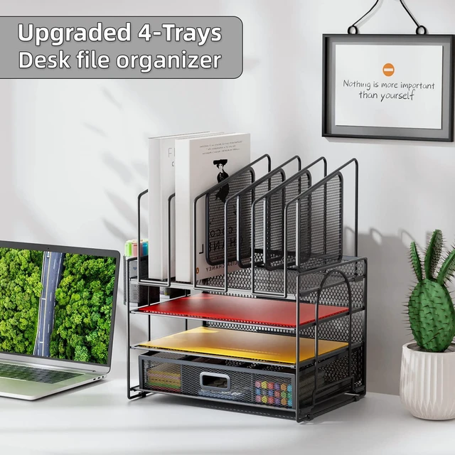 Alt view image 4 of 6 - Desk Organizers, 4-Tier Mesh Desk File Organizer with 5 Vertical File Holders and 2 Pen Holders, Multifunction Desktop Organizer,Desk Organizers and Accessories for Home Office (Gray)
