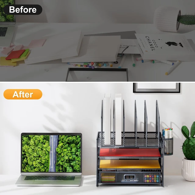 Alt view image 5 of 6 - Desk Organizers, 4-Tier Mesh Desk File Organizer with 5 Vertical File Holders and 2 Pen Holders, Multifunction Desktop Organizer,Desk Organizers and Accessories for Home Office (Gray)