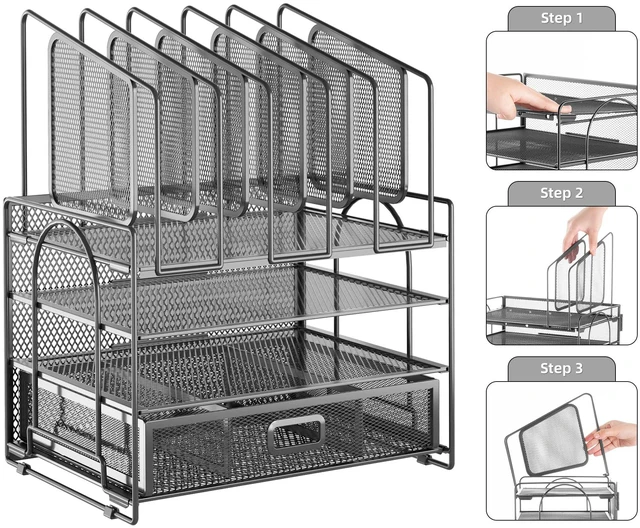 Alt view image 6 of 6 - Desk Organizers, 4-Tier Mesh Desk File Organizer with 5 Vertical File Holders and 2 Pen Holders, Multifunction Desktop Organizer,Desk Organizers and Accessories for Home Office (Gray)