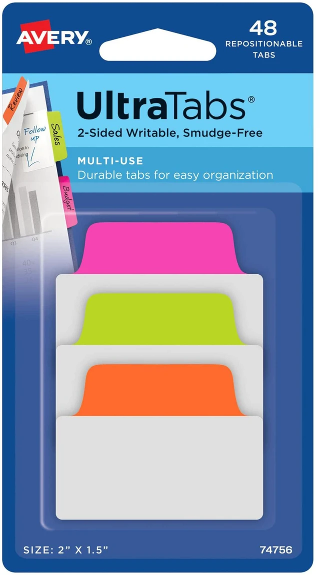Main image of Ultra Tabs, 2" x 1.5" Repositionable, Neon, 48 Tabs For Marking Pages in Books and Planners, Clear Body, 2-Side Writable Ultra Tabs, Repositionable Adhesive, Smudge-Resistant