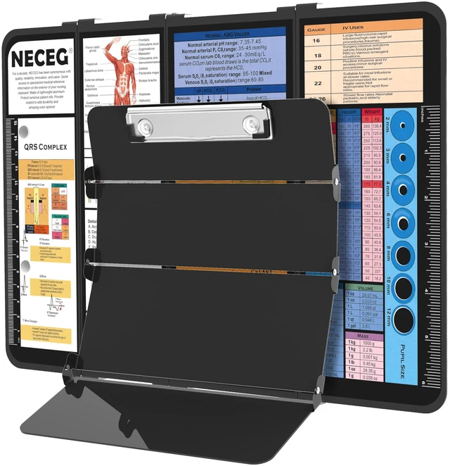 Main image of Nursing Clipboard Foldable, 4-Fold Aluminum Pocket Size, Black Folding Clipboard with Medical Cheat Sheets, Metal Pen Clip & Privacy Protection for Nurses, Nursing Students & Doctors