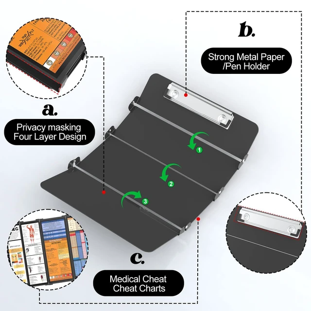 Alt view image 5 of 7 - Nursing Clipboard Foldable, 4-Fold Aluminum Pocket Size, Black Folding Clipboard with Medical Cheat Sheets, Metal Pen Clip & Privacy Protection for Nurses, Nursing Students & Doctors