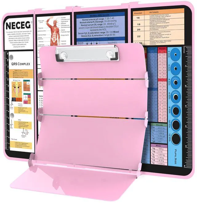 Main image of Nursing Clipboard Foldable, 4-Fold Aluminum Pocket Size, Baby Pink Folding Clipboard with Medical Cheat Sheets, Metal Pen Clip & Privacy Protection for Nurses, Nursing Students & Doctors