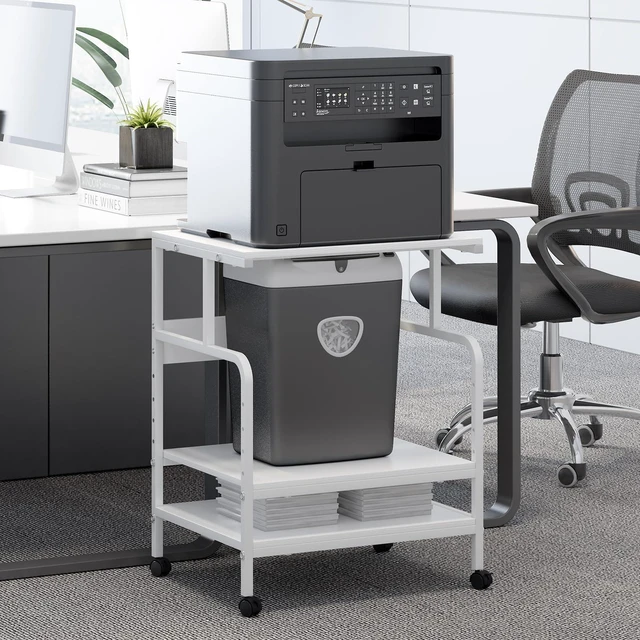 Alt view image 2 of 7 - Large Printer Stand with Storage Shelf, 23.6" W x 18.9" D Printer Cart with Wheels, 3 Tier Mobile Printer Table for Home Office,Stands for Heat Press Scanner Fax (White)