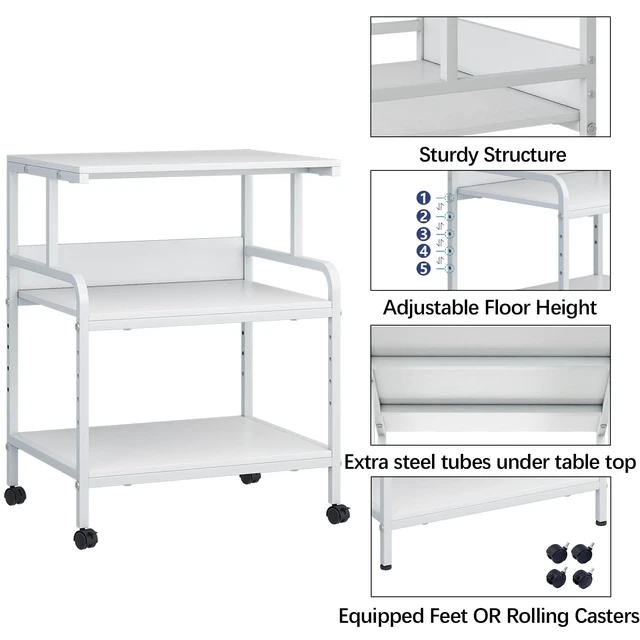 Alt view image 3 of 7 - Large Printer Stand with Storage Shelf, 23.6" W x 18.9" D Printer Cart with Wheels, 3 Tier Mobile Printer Table for Home Office,Stands for Heat Press Scanner Fax (White)