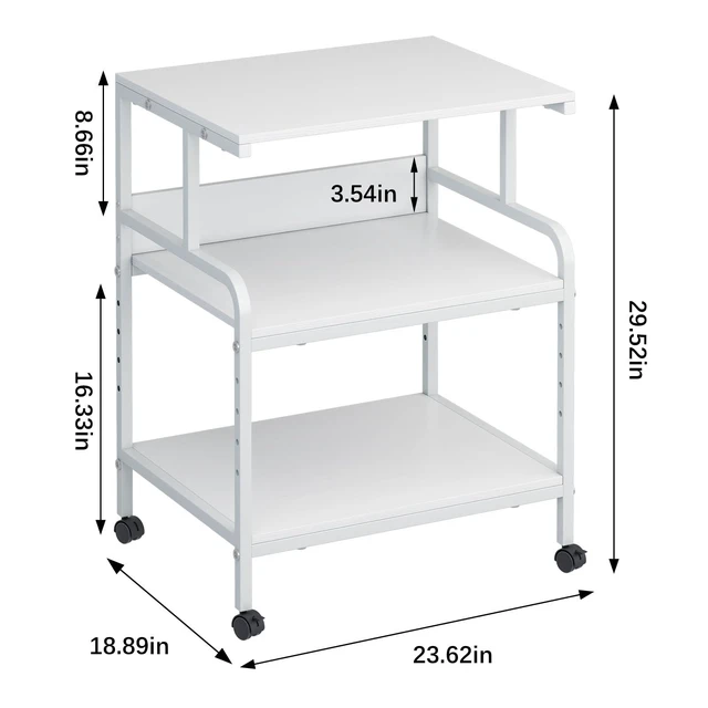 Alt view image 4 of 7 - Large Printer Stand with Storage Shelf, 23.6" W x 18.9" D Printer Cart with Wheels, 3 Tier Mobile Printer Table for Home Office,Stands for Heat Press Scanner Fax (White)