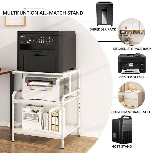 Alt view image 5 of 7 - Large Printer Stand with Storage Shelf, 23.6" W x 18.9" D Printer Cart with Wheels, 3 Tier Mobile Printer Table for Home Office,Stands for Heat Press Scanner Fax (White)