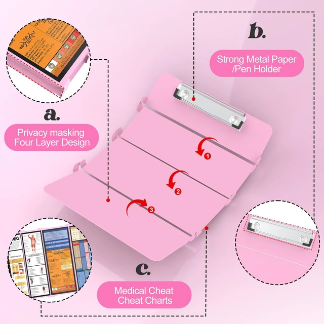 Alt view image 5 of 7 - Nursing Clipboard Foldable, 4-Fold Aluminum Pocket Size, Baby Pink Folding Clipboard with Medical Cheat Sheets, Metal Pen Clip & Privacy Protection for Nurses, Nursing Students & Doctors