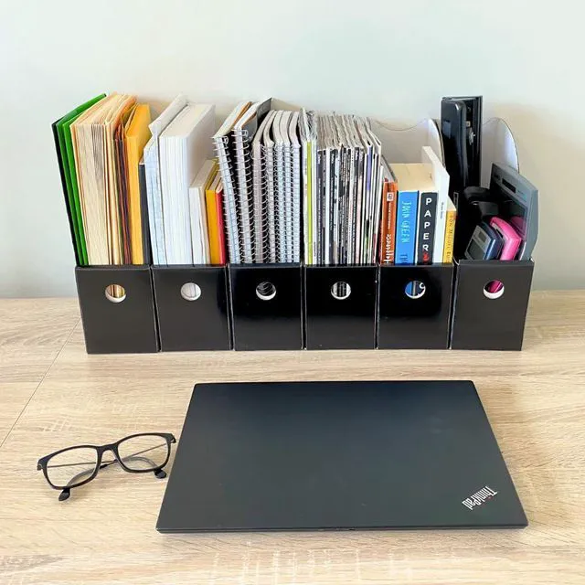 Alt view image 2 of 7 - Magazine File Holder Set, Black Cardboard Office Organizer, 24-Pack Set of 24 black cardboard magazine holders features 4-inch-wide storage and upgraded double front panels for added stability