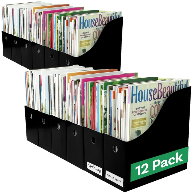 Main image of Magazine File Holder - Set of 12 Black - Office Desk Organizer - Sturdy Cardboard - New Upgraded Double Front Panel for More Stability - Full 4 Inch Wide - Easy Assemble
