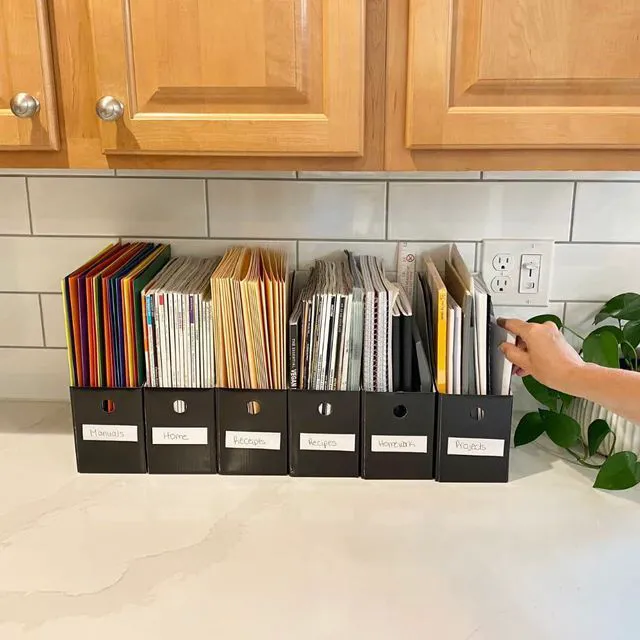 Alt view image 6 of 7 - Magazine File Holder Set, Black Cardboard Office Organizer, 24-Pack Set of 24 black cardboard magazine holders features 4-inch-wide storage and upgraded double front panels for added stability