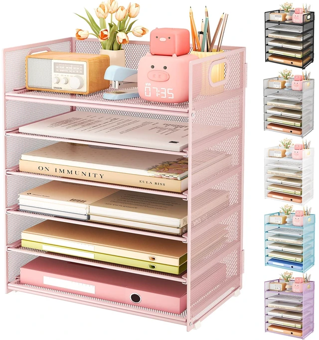 Main image of 6 Tier Office File Paper Desk Tray Organizer with Handle, Stackable Slide Mesh Letter Tray Folder Pink Desk Organizer, Desktop Document Sorter for Classroom, Office, Home Supplies Storage