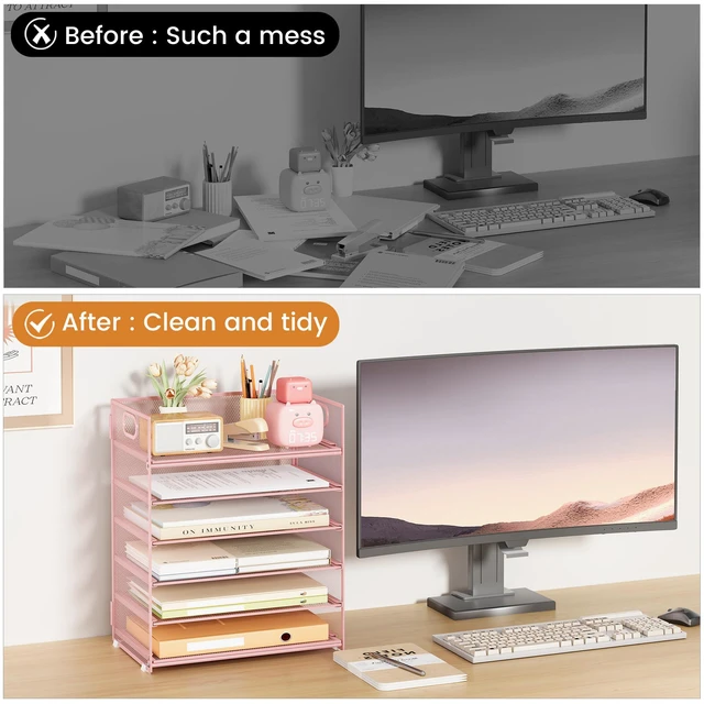 Alt view image 2 of 7 - 6 Tier Office File Paper Desk Tray Organizer with Handle, Stackable Slide Mesh Letter Tray Folder Pink Desk Organizer, Desktop Document Sorter for Classroom, Office, Home Supplies Storage