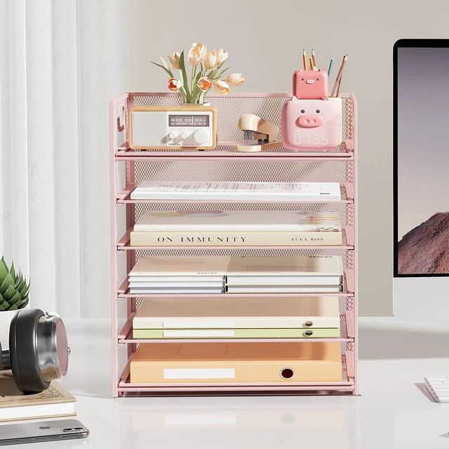 Alt view image 3 of 7 - 6 Tier Office File Paper Desk Tray Organizer with Handle, Stackable Slide Mesh Letter Tray Folder Pink Desk Organizer, Desktop Document Sorter for Classroom, Office, Home Supplies Storage