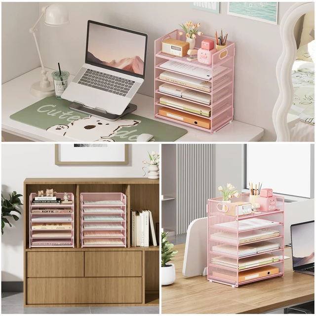 Alt view image 4 of 7 - 6 Tier Office File Paper Desk Tray Organizer with Handle, Stackable Slide Mesh Letter Tray Folder Pink Desk Organizer, Desktop Document Sorter for Classroom, Office, Home Supplies Storage