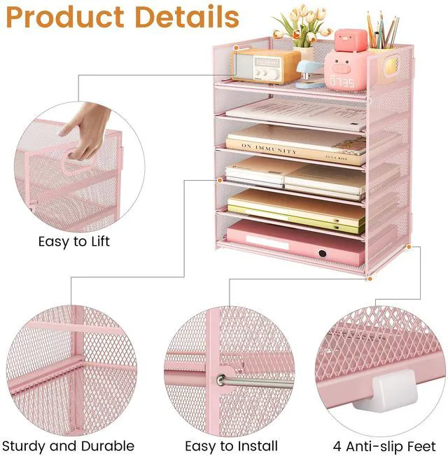 Alt view image 5 of 7 - 6 Tier Office File Paper Desk Tray Organizer with Handle, Stackable Slide Mesh Letter Tray Folder Pink Desk Organizer, Desktop Document Sorter for Classroom, Office, Home Supplies Storage