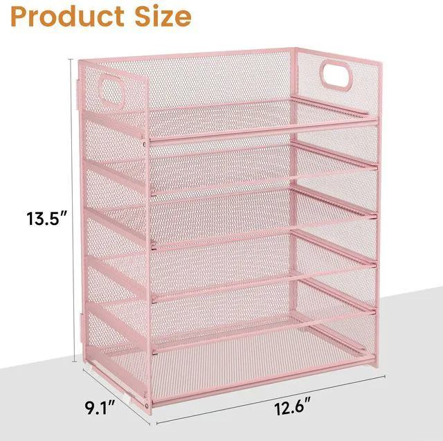 Alt view image 6 of 7 - 6 Tier Office File Paper Desk Tray Organizer with Handle, Stackable Slide Mesh Letter Tray Folder Pink Desk Organizer, Desktop Document Sorter for Classroom, Office, Home Supplies Storage
