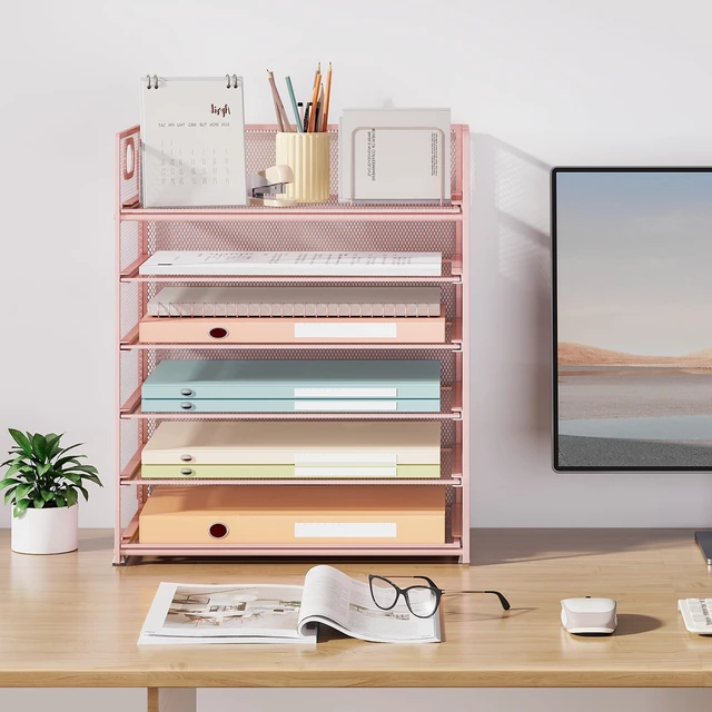 Alt view image 7 of 7 - 6 Tier Office File Paper Desk Tray Organizer with Handle, Stackable Slide Mesh Letter Tray Folder Pink Desk Organizer, Desktop Document Sorter for Classroom, Office, Home Supplies Storage